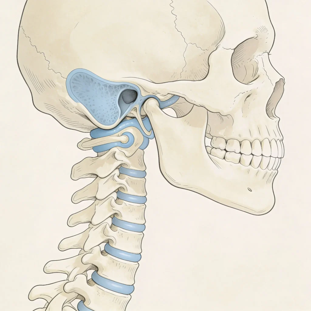 Illustrazione anatomica dettagliata di un cranio umano e della colonna vertebrale cervicale in vista di profilo, con l'evidenziazione dell'AtM (articolazione della mandibola) e delle vertebre superiori in blu su uno sfondo chiaro. Creato per Coppedè Medical Hub.