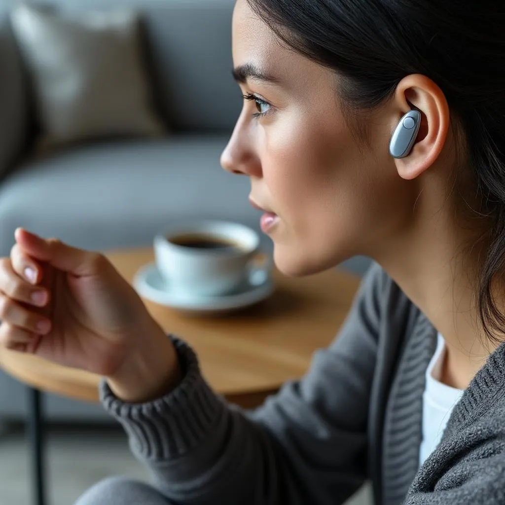 Una donna con gli auricolari wireless siede al chiuso del Coppedè Medical Hub, tenendo la mano vicino al viso. Sullo sfondo, su un tavolo di legno, è appoggiata una tazza di caffè; la donna appare concentrata e rilassata, forse in grado di gestire l'ipoacusia con il supporto di un esperto.