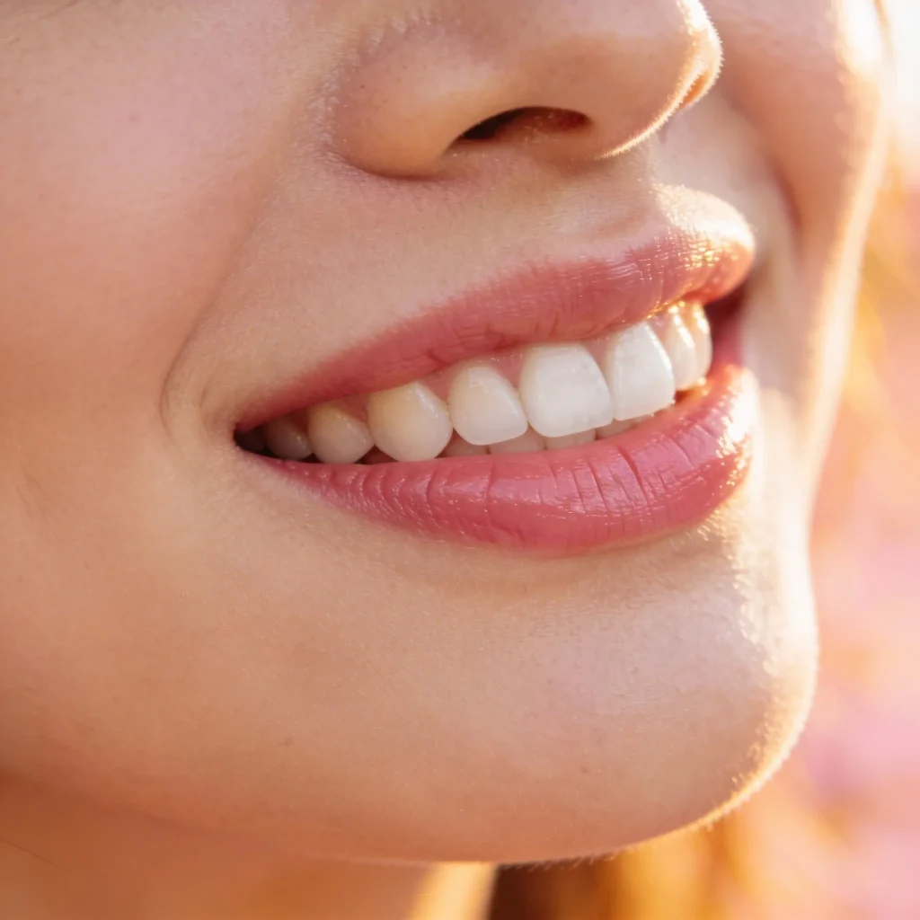 Primo piano della bocca sorridente di una donna, che mostra denti dritti e bianchi e labbra lisce e rosa. Lo sfondo delicatamente sfocato sottolinea la fiducia ispirata dalle cure esperte di Coppedè Medical Hub.